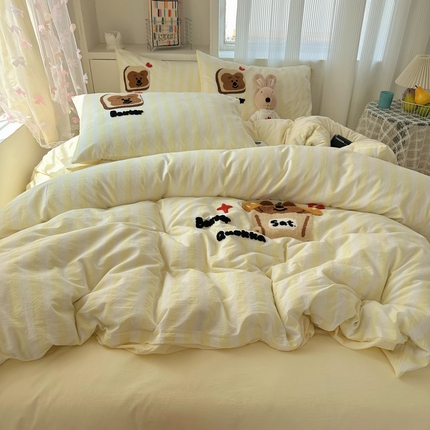 桃子家居 2024新款A类ins纯棉色织水洗棉毛巾绣可爱卡通系列四件套 棉毛巾绣-面包熊