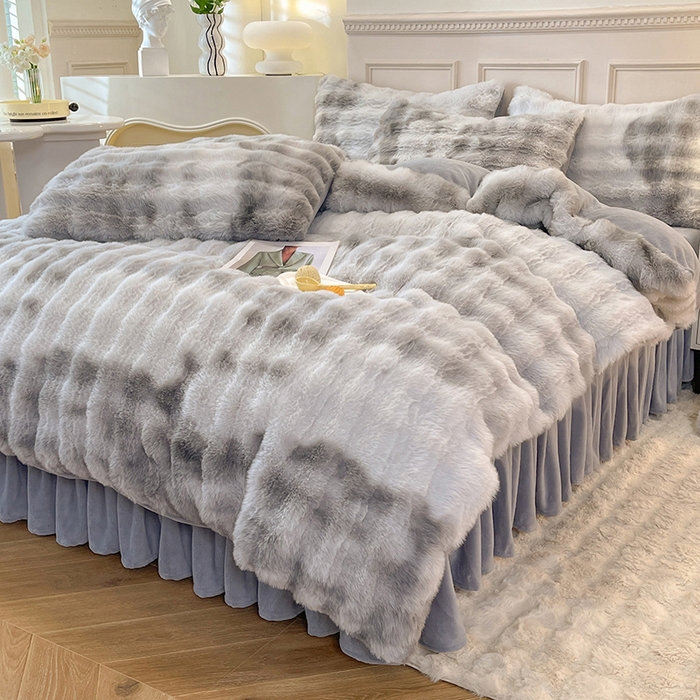 91家纺网 家纺一手货源 找家纺 欧冠家纺 2024秋冬新款纯色泡泡绒和七彩泡泡床裙款四件套 七彩-高级灰