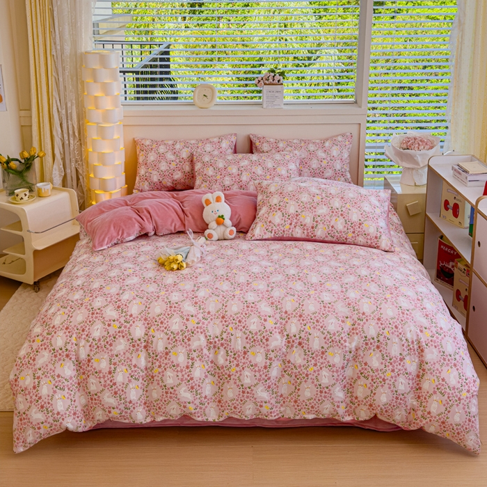 91家纺网 家纺一手货源 找家纺 清雅福 2024新款小清新ins棉加绒印花四件套系列-棉绒风格一 棉绒恋语