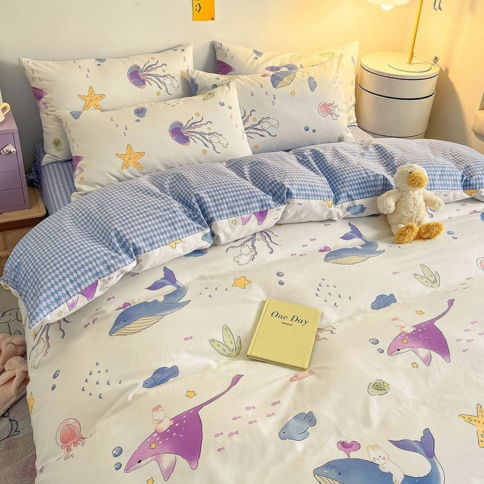 91家纺网 家纺一手货源 找家纺 麦伦家居 2024全棉斜纹13372小清新碎花卡通系列四件套 海底世界