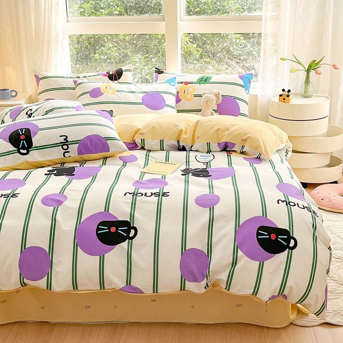 91家纺网 家纺一手货源 找家纺 麦伦家居 2024全棉斜纹13372小清新碎花卡通系列四件套 猫咪精灵