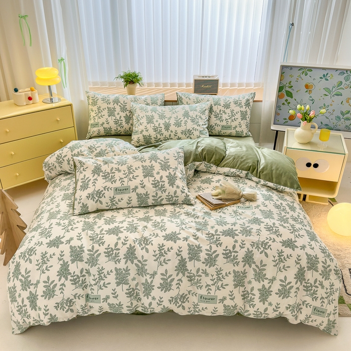 91家纺网 家纺一手货源 找家纺 清雅福 2024新款小清新ins棉加绒印花四件套系列-棉绒风格二 绿意黯然