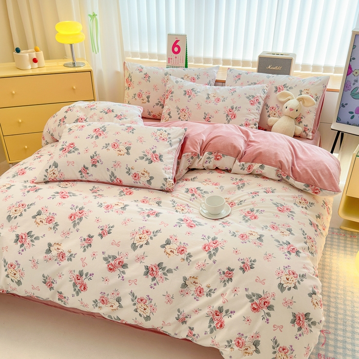 91家纺网 家纺一手货源 找家纺 清雅福 2024新款小清新ins棉加绒印花四件套系列-棉绒风格二 肉桂乌龙