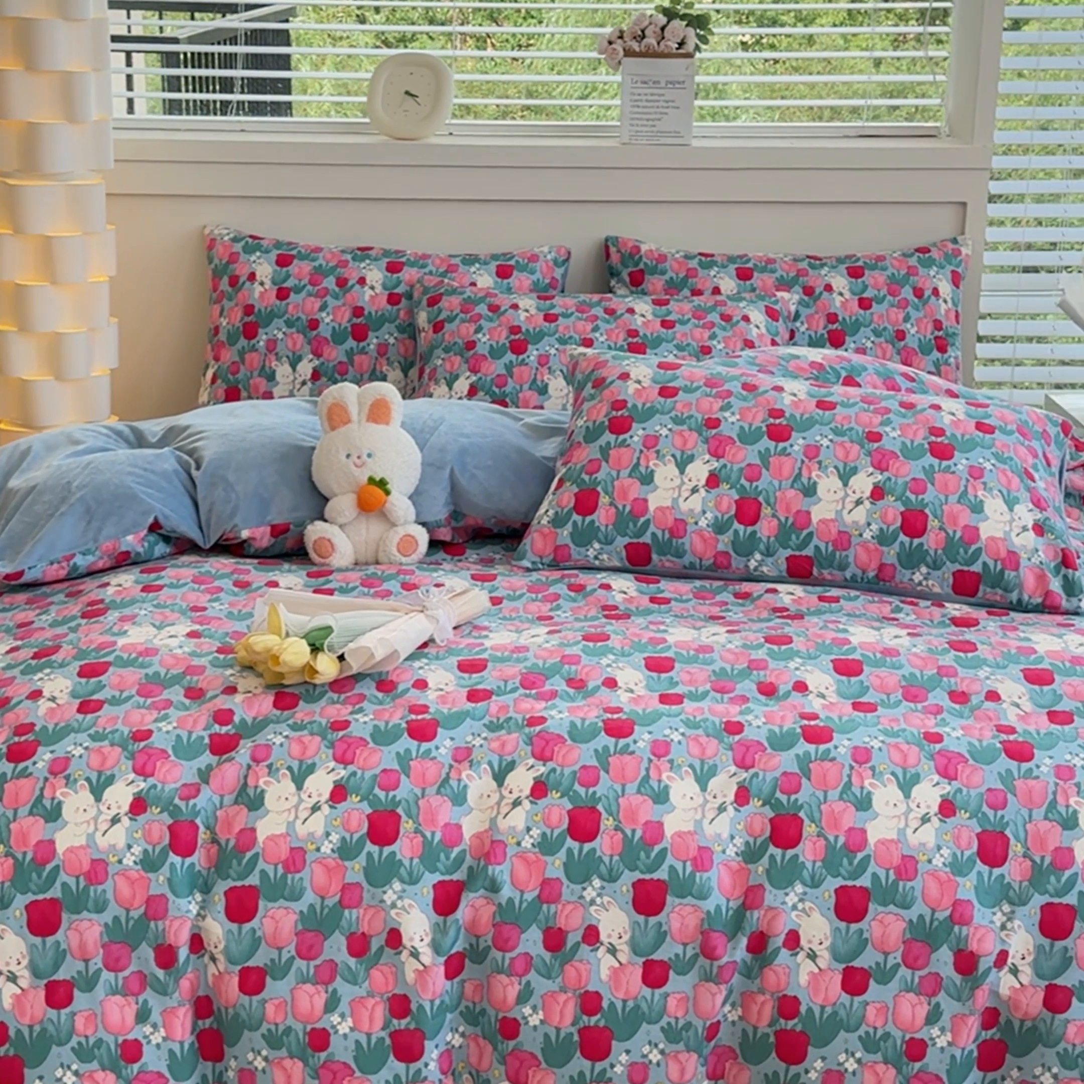 91家纺网 家纺一手货源 找家纺 清雅福 2024新款小清新ins棉加绒印花四件套系列-棉绒风格一 棉绒爱情兔