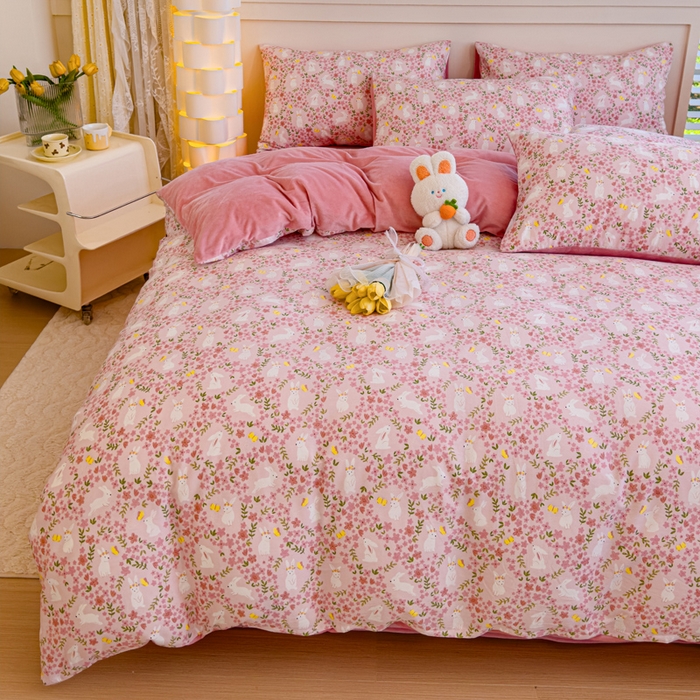 91家纺网 家纺一手货源 找家纺 清雅福 2024新款小清新ins棉加绒印花四件套系列-棉绒风格一 棉绒恋语