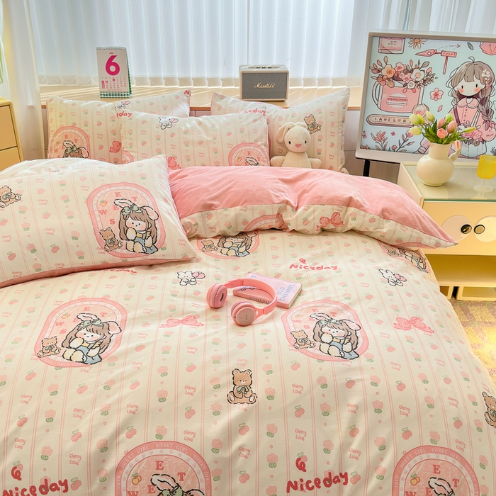 91家纺网 家纺一手货源 找家纺 清雅福 2024新款小清新ins棉加绒印花四件套系列-棉绒风格二 小公主