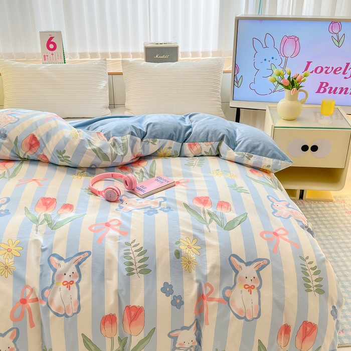 91家纺网 家纺一手货源 找家纺 清雅福 2024新款小清新ins棉加绒印花四件套系列-棉绒风格二 大白兔