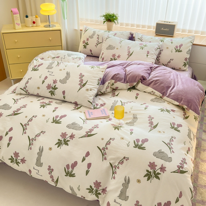 91家纺网 家纺一手货源 找家纺 清雅福 2024新款小清新ins棉加绒印花四件套系列-棉绒风格二 紫色花铃