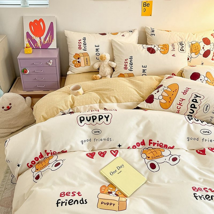 91家纺网 家纺一手货源 找家纺 麦伦家居 2024全棉斜纹13372小清新碎花卡通系列四件套 面包熊