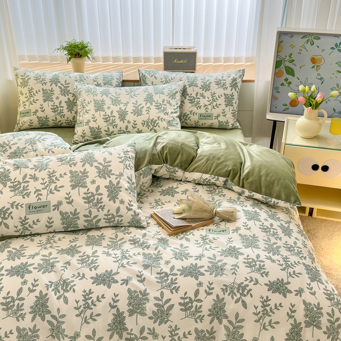 91家纺网 家纺一手货源 找家纺 清雅福 2024新款小清新ins棉加绒印花四件套系列-棉绒风格二 绿意黯然