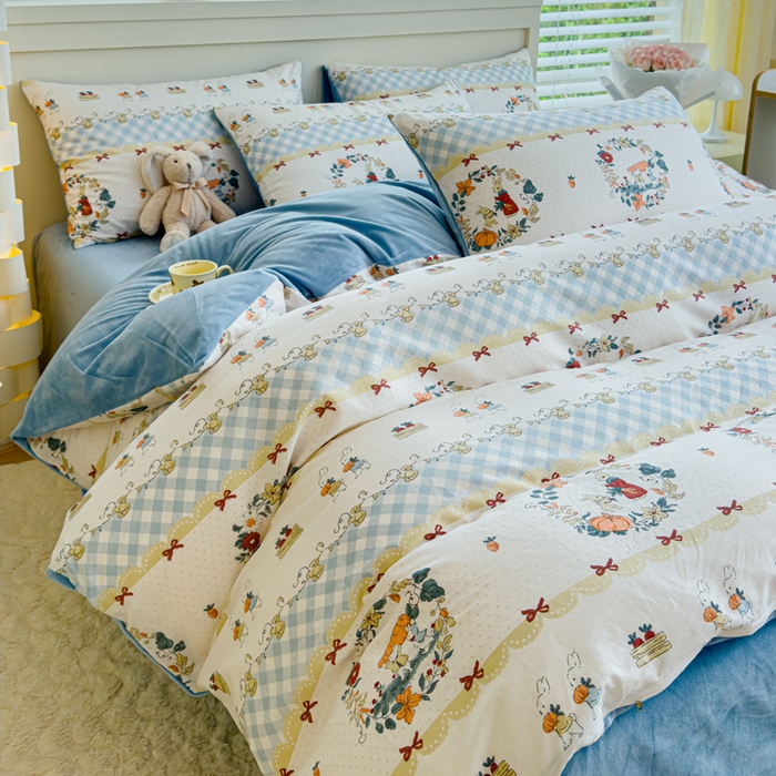 91家纺网 家纺一手货源 找家纺 清雅福 2024新款小清新ins棉加绒印花四件套系列-棉绒风格一 棉绒维西兔