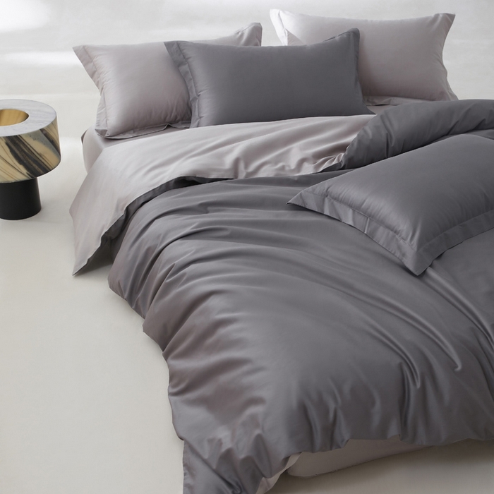 91家纺网 家纺一手货源 找家纺 轩和家居 2024新款简约纯色50s长绒棉贡缎四件套 梦境灰+雅士灰