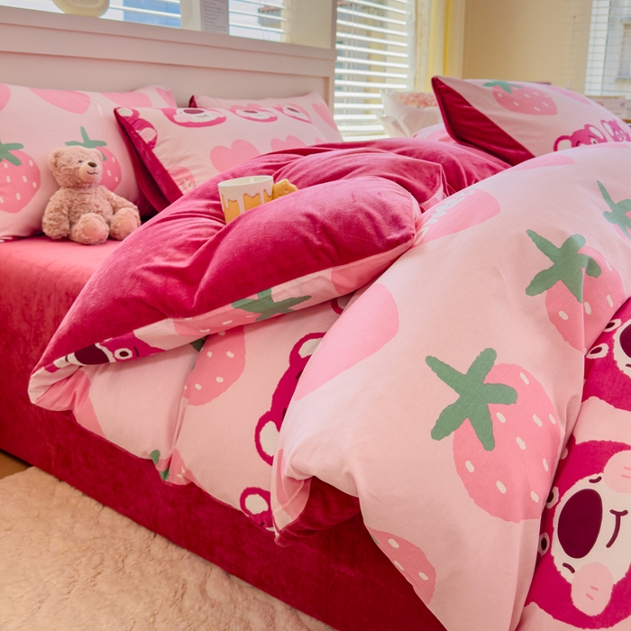 91家纺网 家纺一手货源 找家纺 清雅福 2024新款小清新ins棉加绒印花四件套系列-棉绒风格一 棉绒甜心熊