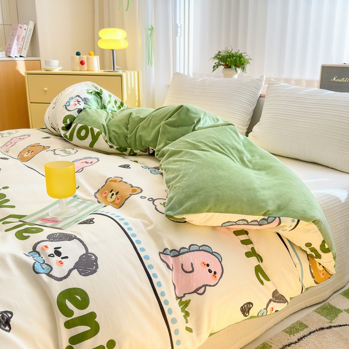 91家纺网 家纺一手货源 找家纺 清雅福 2024新款小清新ins棉加绒印花四件套系列-棉绒风格二 哈哈乐园