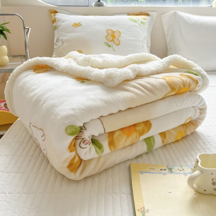 91家纺网 家纺一手货源 找家纺 沐慕 2024新款AB版牛奶绒拼羊羔绒毛毯毯子 毛毯-花漾兔
