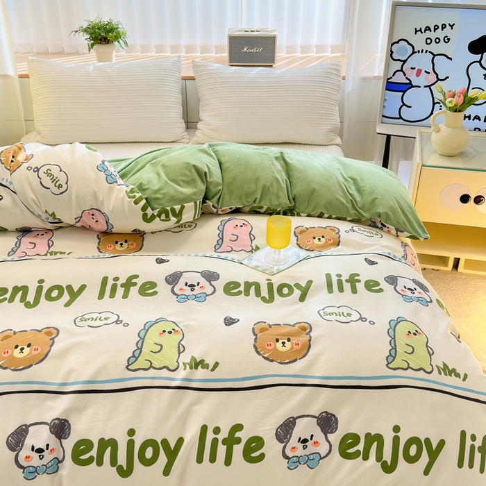 91家纺网 家纺一手货源 找家纺 清雅福 2024新款小清新ins棉加绒印花四件套系列-棉绒风格二 哈哈乐园