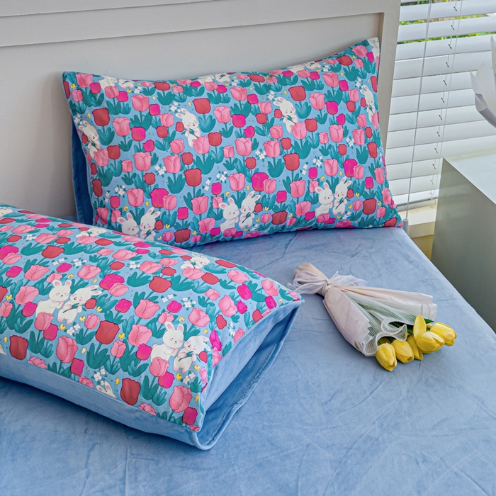 91家纺网 家纺一手货源 找家纺 清雅福 2024新款小清新ins棉加绒印花四件套系列-棉绒风格一 棉绒爱情兔