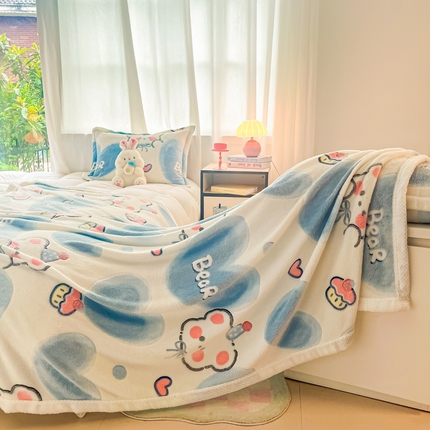 沐慕 2024新款加厚雪花绒菠萝格宽幅包边毛毯 毛毯-爱心小熊