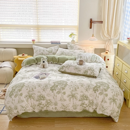 雅居纺家纺 2024新款高克重印花牛奶绒四件套 幻境-绿