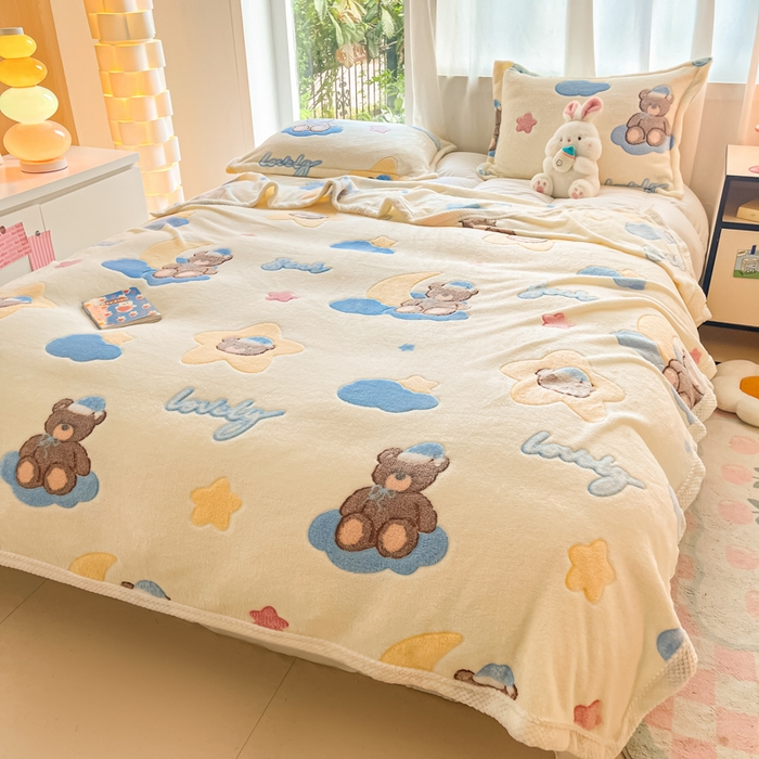 91家纺网 家纺一手货源 找家纺 沐慕 2024新款加厚雪花绒菠萝格宽幅包边毛毯 毛毯-可爱熊