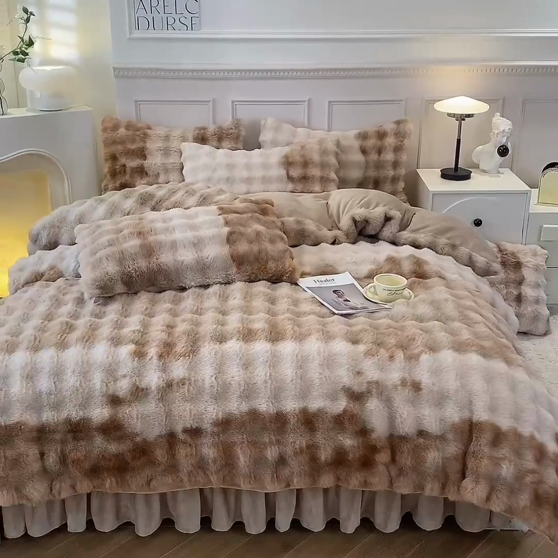 91家纺网 家纺一手货源 找家纺 欧冠家纺 2024秋冬新款纯色泡泡绒和七彩泡泡床裙款四件套 七彩-奶咖色