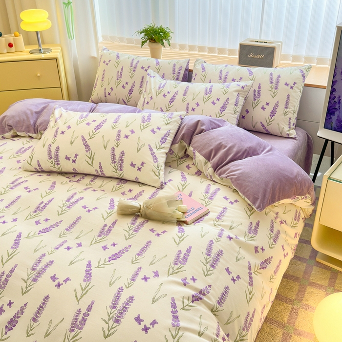 91家纺网 家纺一手货源 找家纺 清雅福 2024新款小清新ins棉加绒印花四件套系列-棉绒风格二 紫瑶