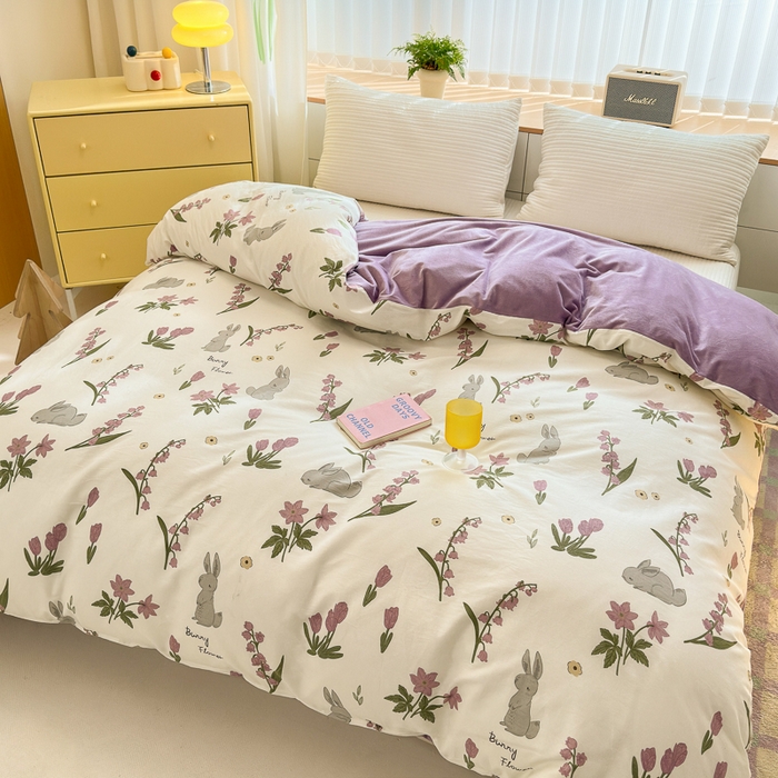 91家纺网 家纺一手货源 找家纺 清雅福 2024新款小清新ins棉加绒印花四件套系列-棉绒风格二 紫色花铃