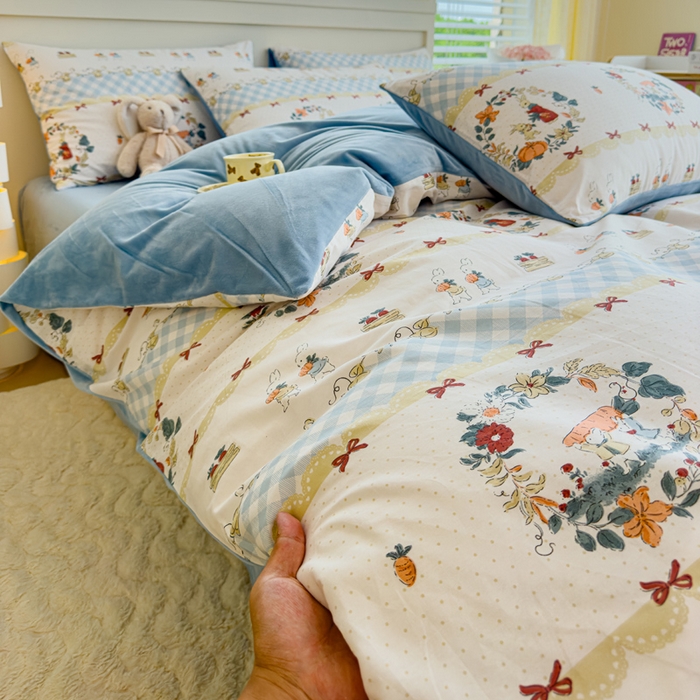 91家纺网 家纺一手货源 找家纺 清雅福 2024新款小清新ins棉加绒印花四件套系列-棉绒风格一 棉绒维西兔