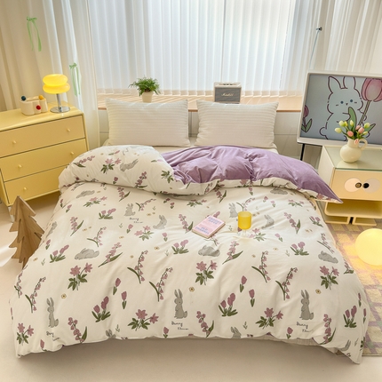 清雅福 2024新款小清新ins棉加绒印花四件套系列-棉绒风格二 紫色花铃