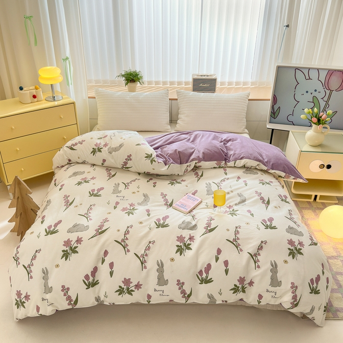 91家纺网 家纺一手货源 找家纺 清雅福 2024新款小清新ins棉加绒印花四件套系列-棉绒风格二 紫色花铃