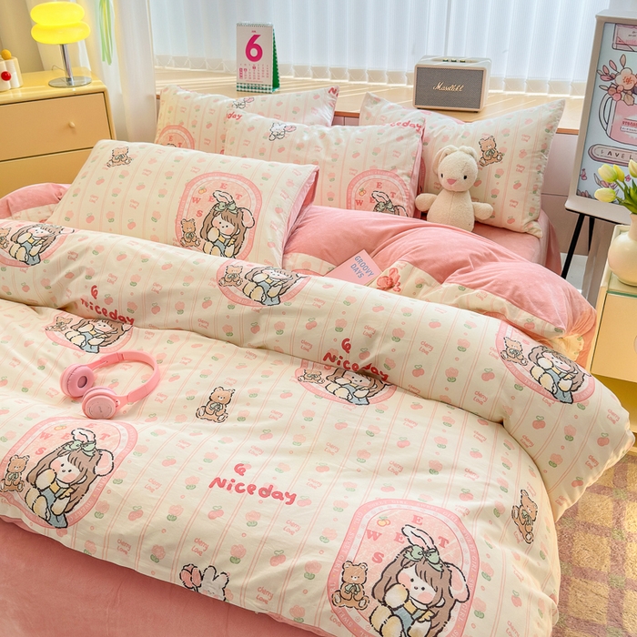 91家纺网 家纺一手货源 找家纺 清雅福 2024新款小清新ins棉加绒印花四件套系列-棉绒风格二 小公主