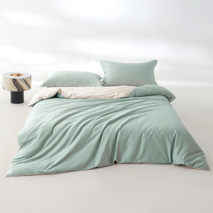 91家纺网 家纺一手货源 找家纺 轩和家居 2024新款简约纯色50s长绒棉贡缎四件套 薄荷绿+浅香槟