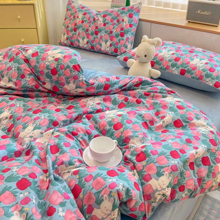 91家纺网 家纺一手货源 找家纺 清雅福 2024新款小清新ins棉加绒印花四件套系列-棉绒风格二 爱情兔