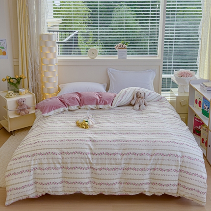 清雅福 2024新款小清新ins棉加绒印花四件套系列-棉绒风格一 棉绒玫瑰物语