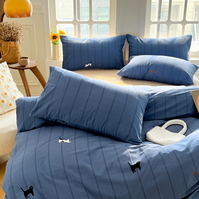 91家纺网 家纺一手货源 找家纺 千朵 2024新款全棉磨毛四件套 蓝猫