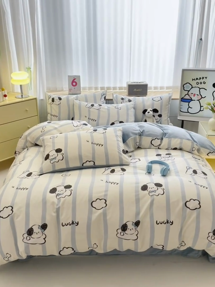 91家纺网 家纺一手货源 找家纺 清雅福 2024新款小清新ins棉加绒印花四件套系列-棉绒风格二 条纹狗狗