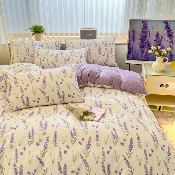 91家纺网 家纺一手货源 找家纺 清雅福 2024新款小清新ins棉加绒印花四件套系列-棉绒风格二 紫瑶