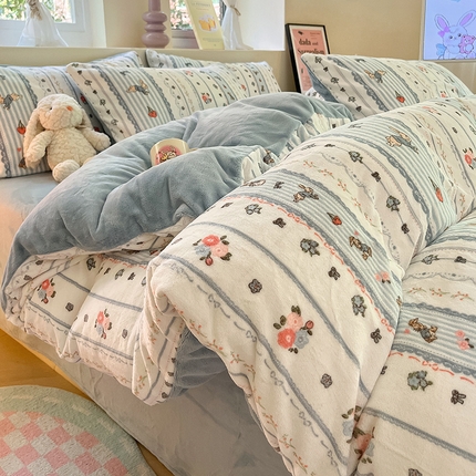 雅居纺家纺 2024新款高克重印花牛奶绒单被套 蓝色小兔