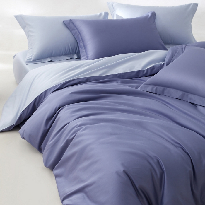 91家纺网 家纺一手货源 找家纺 轩和家居 2024新款简约纯色50s长绒棉贡缎四件套 海茵蓝+碧落蓝