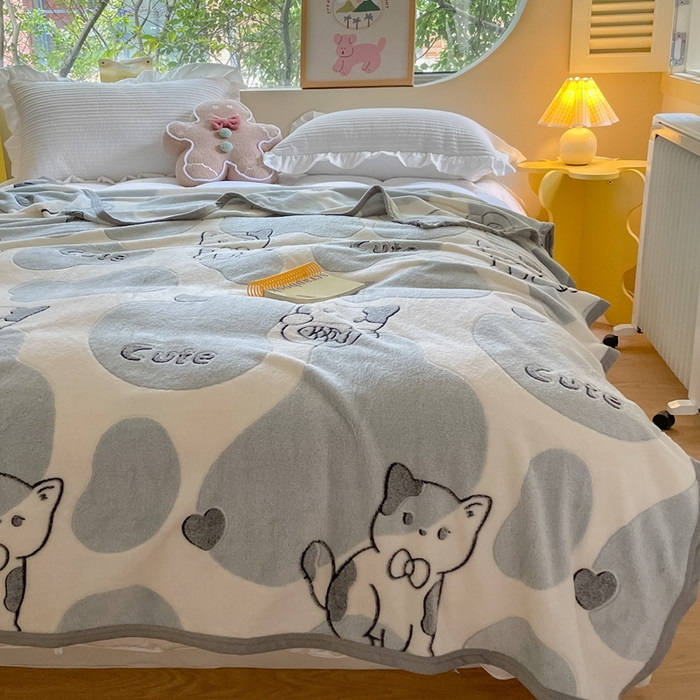 91家纺网 家纺一手货源 找家纺 慕尚家纺 2025新款高克重加厚雪花绒毛毯毯子 可爱猫咪