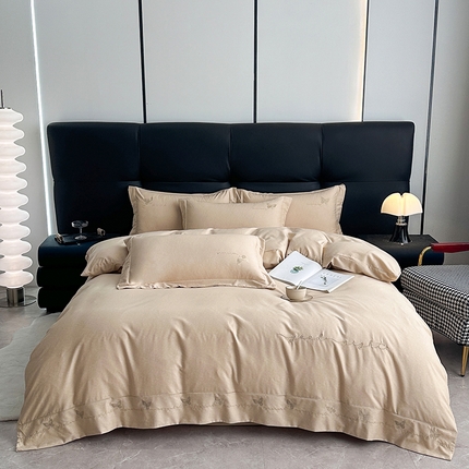 91家纺网 家纺一手货源 找家纺 嘉汀兰家居 2024新款天丝棉磨毛刺绣四件套系列 晨曦-燕麦咖