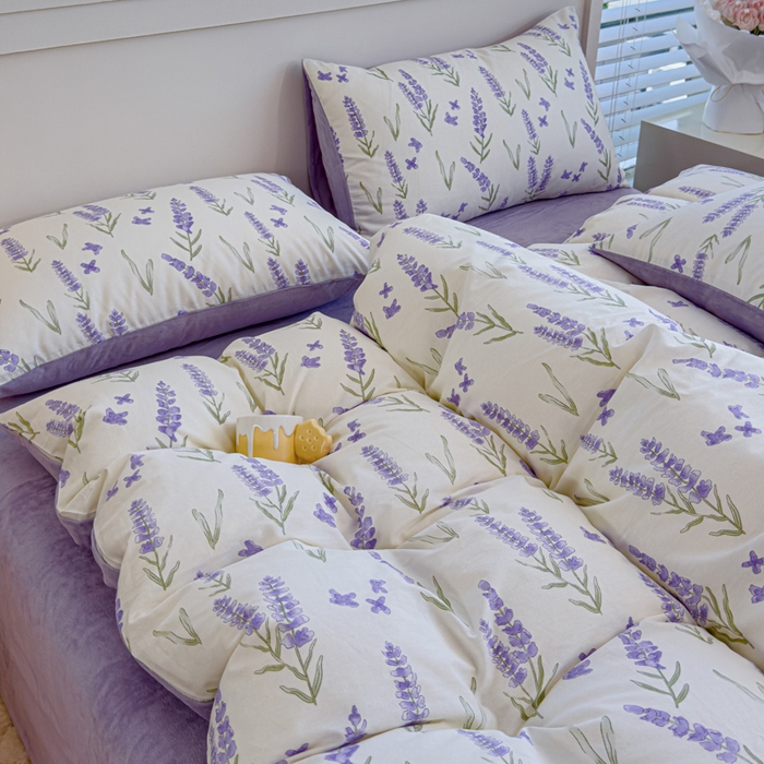 91家纺网 家纺一手货源 找家纺 清雅福 2024新款小清新ins棉加绒印花四件套系列-棉绒风格一 棉绒紫瑶