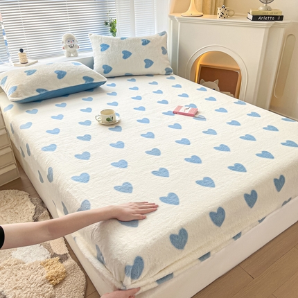 雅居纺家纺 2024新款300克兔毛印花单床笠 单枕套 爱心-蓝