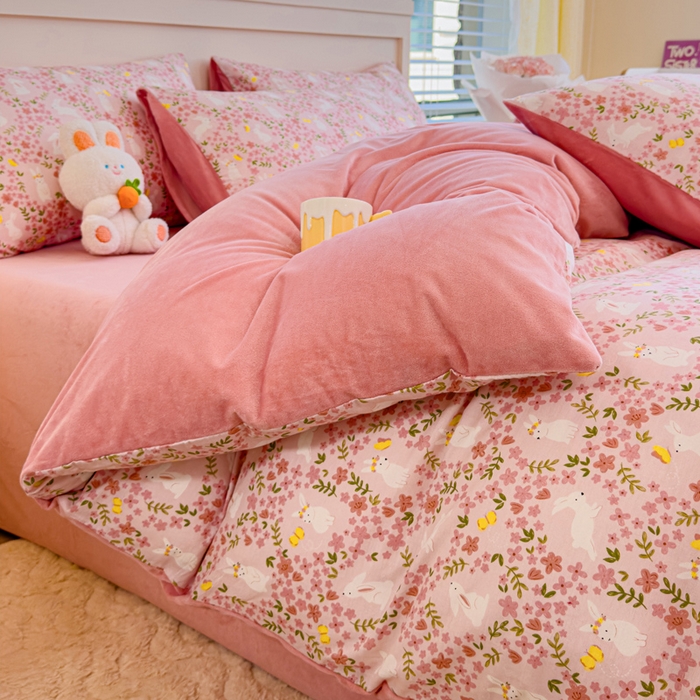 91家纺网 家纺一手货源 找家纺 清雅福 2024新款小清新ins棉加绒印花四件套系列-棉绒风格一 棉绒恋语