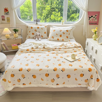 沐慕 2024新款AB版牛奶绒拼羊羔绒毛毯毯子 毛毯-小橙子