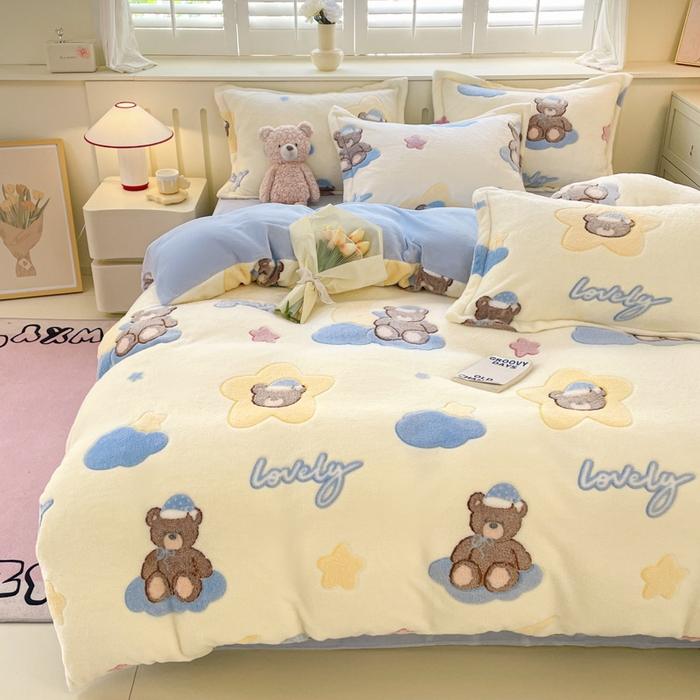 91家纺网 家纺一手货源 找家纺 沐慕 2024新款卡通印花雪花绒四件套加厚牛奶绒四件套 可爱熊