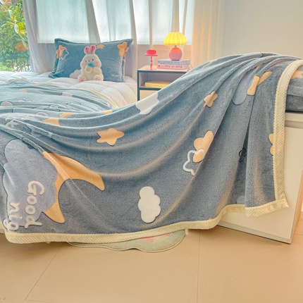 沐慕 2024新款加厚雪花绒菠萝格宽幅包边毛毯 毛毯-星星月亮