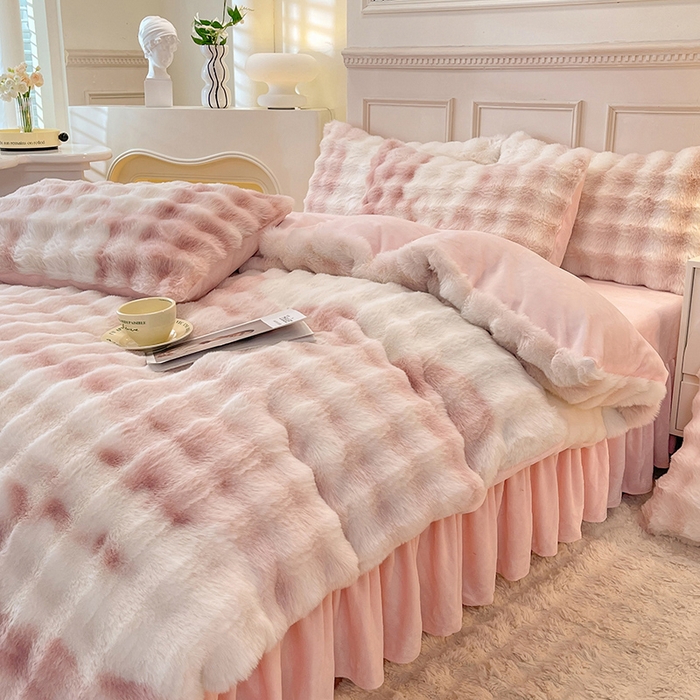 91家纺网 家纺一手货源 找家纺 欧冠家纺 2024秋冬新款纯色泡泡绒和七彩泡泡床裙款四件套 七彩-少女粉