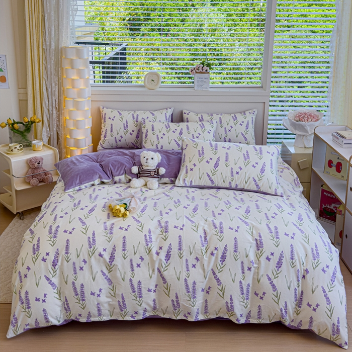 91家纺网 家纺一手货源 找家纺 清雅福 2024新款小清新ins棉加绒印花四件套系列-棉绒风格一 棉绒紫瑶