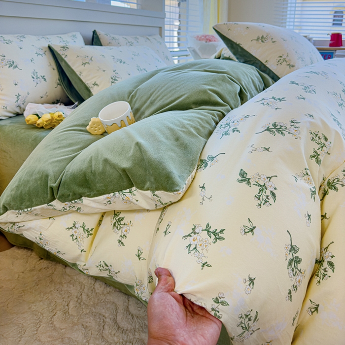 91家纺网 家纺一手货源 找家纺 清雅福 2024新款小清新ins棉加绒印花四件套系列-棉绒风格一 棉绒茶艺